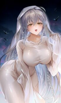 1girl ahoge bat_(animal) braid breasts brown_dust_(series) brown_dust_2 cloud cloudy_sky collarbone commentary english_commentary ghost_girl_(niyeye2019) ghost_pose granhildr_(brown_dust) headpiece highres leaning_forward long_hair long_sleeves looking_at_viewer night ozzingo sky sleeves_past_fingers sleeves_past_wrists smile solo teeth tongue upper_teeth_only