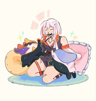 bandaid bare_shoulders closed_eyes commentary dxnut00 english_commentary highres honkai:_star_rail honkai_(series) medium_hair numby_(honkai:_star_rail) petting pillow smile sparkle thigh_strap topaz_(honkai:_star_rail) trotter_(honkai:_star_rail) white_hair