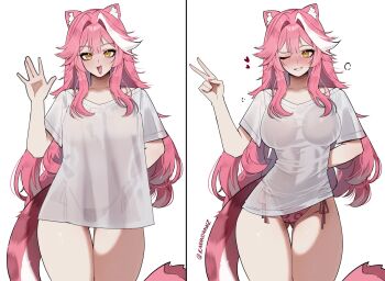 Rule 34 | 1girl, animal ears, arm behind back, bikini, blush, breasts, collarbone, commentary, fang, fingernails, gluteal fold, grin, hair intakes, heart, highres, hololive, hololive english, karandrawz, large breasts, long hair, looking at viewer, multicolored hair, nail polish, one eye closed, open mouth, panther ears, panther girl, panther tail, pink hair, pink nails, pink tail, raora panthera, salute, see-through silhouette, shirt, shirt tug, short sleeves, side-tie bikini bottom, simple background, skin fang, smile, solo focus, streaked hair, swimsuit, tail, thighs, twitter username, two-tone hair, v, virtual youtuber, white background, white hair, white shirt, yellow eyes