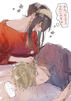 ... 1boy 1girl black_hair blonde_hair blush breasts closed_eyes collared_shirt couple dress ear_cleaning earrings gold_earrings grey_shirt hair_between_eyes hairband hetero highres jewelry lap_pillow medium_breasts pillow red_dress shirt short_hair sidelocks sketch smile spoken_ellipsis spy_x_family sweatdrop sweater sweater_dress translated twilight_(spy_x_family) umini_ikukara updo upper_body white_background white_hairband yor_briar