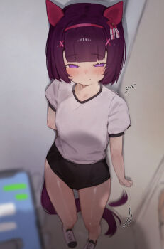 1girl 1other animal_ears black_buruma black_hair black_tail blurry blush buruma closed_mouth depth_of_field ear_covers foreshortening gym_shirt hair_ornament highres holding holding_phone horse_ears horse_girl horse_tail loli looking_at_viewer nishino_flower_(umamusume) phone pov purple_eyes shirt shoes short_hair short_sleeves smile standing tail thighs umamusume white_shirt white_shoes x_hair_ornament xaea_xp