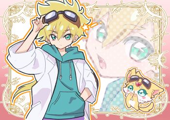 1boy absurdres adjusting_eyewear artist_request blonde_hair commentary_request creature double-parted_bangs fang goggles goggles_on_head green_eyes green_hoodie hand_on_eyewear hands_in_pocket highres hood hoodie jett_(human)_(precure) jett_(precure) lab_coat long_hair looking_at_viewer male_focus meitantei_precure! open_mouth ponytail precure purple_shorts serious shorts solo