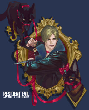 Rule 34 | 1boy, black dog, black jacket, blonde hair, blue background, blue eyes, bow, character name, choker, commentary, copyright name, dog, fur-trimmed jacket, fur trim, highres, holding, holding earrings, holding knife, jacket, knife, leon s. kennedy, male focus, muzzle (mask), parted bangs, parted lips, peanut9021, picture frame, red bow, red choker, red ribbon, resident evil, resident evil requiem, ribbon, short hair, symbol-only commentary