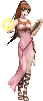 1girl 3d artist_request book breasts brown_eyes brown_hair casting_spell circlet collarbone cross-laced_sandals dress fire_emblem fire_emblem:_mystery_of_the_emblem fire_emblem:_new_mystery_of_the_emblem fire_emblem_warriors full_body game_model holding holding_book linde_(fire_emblem) long_hair looking_at_viewer magic medium_breasts nintendo official_art open_mouth pink_dress ponytail sandals second-party_source side_slit simple_background smile solo transparent_background