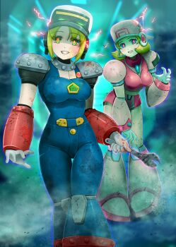 2girls battle_damage blonde_hair blue_bodysuit blue_eyes blurry blurry_background bodysuit breasts corruption dark_persona dress electricity feet_out_of_frame full_body green_eyes highres holding holding_wrench kiwakiwa medium_breasts mega_man_(series) mega_man_x:_command_mission mega_man_x_(series) mind_control multiple_girls pink_dress red_pupils short_hair standing wrench