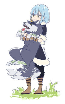 Rule 34 | 2others, animal, artist name, black coat, black pants, blue hair, boots, brown armor, brown boots, coat, commentary request, full body, fur-trimmed coat, fur trim, grass, highres, holding, holding animal, horns, knee boots, medium hair, multiple others, on ground, pants, ranga (tensura), rimuru tempest, short sleeves, signature, simple background, single horn, sketch, standing, ten 10wa, tensei shitara slime datta ken, tongue, tongue out, twitter username, vambraces, white background, wolf