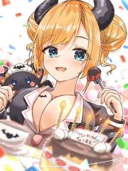 1girl birthday_cake black_jacket blonde_hair blue_eyes blush breast_tattoo breasts cake cleavage commentary demon_girl demon_horns double_bun fang food fork hair_bun highres holding holding_fork hololive horns jacket large_breasts looking_at_viewer medium_hair official_alternate_costume shirt skin_fang smile solo tattoo u_da_desu virtual_youtuber white_shirt yuzuki_choco yuzuki_choco_(nurse)