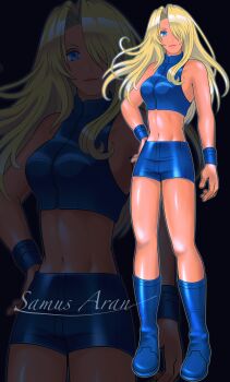 1girl absurdres arm_at_side armpit_crease armpits artist_request bare_shoulders blonde_hair blue_boots blue_eyes blue_shirt blue_shorts boots breasts character_name collarbone eyelashes female_focus fingernails full_body hair_down hair_intakes hair_over_one_eye hand_on_own_hip highres huge_filesize knee_boots legs lips long_hair looking_at_viewer medium_breasts metroid metroid_fusion midriff navel nintendo official_alternate_costume official_alternate_hairstyle parted_bangs redrawn samus_aran shirt short_shorts shorts sidelocks smile sports_bra standing stomach thighs turtleneck turtleneck_shirt wrist_cuffs zipper zipper_pull_tab