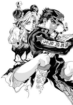 1boy 1girl absurdres boots braid carrying chain comic_cover_redraw commentary derivative_work double_bun father_and_daughter greyscale hair_bun hat high_collar highres jojo_no_kimyou_na_bouken jojo_pose kuujou_jolyne kuujou_joutarou long_coat long_sleeves looking_at_viewer midriff miniskirt monochrome multicolored_hair my_nameisyoon nail_polish oekaki peaked_cap piggyback pointing pointing_at_viewer skirt star_ornament stone_ocean symbol-only_commentary two-tone_hair