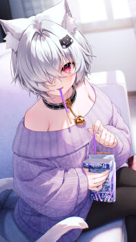 1girl absurdres animal_ear_fluff animal_ears bell black_collar box cat_ears cat_hair_ornament cat_tail collar couch food food_in_mouth grey_hair hair_ornament hair_over_one_eye hasumi_(hasubatake39) highres holding holding_box indoors kuon_(hasumi_(hasubatake39)) long_sleeves neck_bell off-shoulder_sweater off_shoulder on_couch original pocky pocky_in_mouth puffy_long_sleeves puffy_sleeves purple_nails purple_sweater red_eyes sitting solo sweater tail