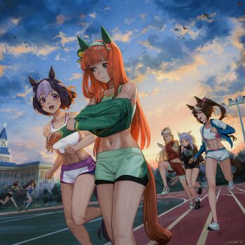 6+girls animal_ears blush bow breasts brown_hair daiwa_scarlet_(umamusume) dolphin_shorts gold_ship_(umamusume) hair_between_eyes hair_ornament hat highres horse_ears horse_girl horse_tail jacket long_hair mejiro_mcqueen_(umamusume) midriff multicolored_hair multiple_girls open_clothes open_jacket open_mouth orange_hair ponytail puma_(brand) purple_hair removing_jacket running running_track shirt shorts signature silence_suzuka_(umamusume) smile special_week_(umamusume) sports_bra sportswear tail tim_yrt tokai_teio_(umamusume) toned track_and_field track_jacket twintails umamusume vodka_(umamusume) white_hair