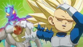 2boys afterimage armor blue_bodysuit bodysuit chibi closed_eyes commentary dragon_ball dragon_ball_daima english_commentary flierby highres long_hair meme motion_lines multiple_boys naoya_hitting_choso_without_looking_(meme) no_eyebrows robot_boy saiyan_armor smear_frame speed_lines spiked_hair super_saiyan super_saiyan_3 tamagami_number_2 upper_body vegeta white_armor