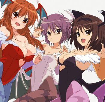 3girls absurdres alternate_costume animal_print anime_coloring asahina_mikuru bat_print black_hairband black_leotard black_wings blue_pantyhose breasts brown_eyes brown_hair brown_pantyhose closed_mouth commentary cosplay darkstalkers demon_wings expressionless fang hairband halloween head_wings highleg highleg_leotard highres large_breasts leotard lilith_(darkstalkers) lilith_(darkstalkers)_(cosplay) medium_hair morrigan_aensland morrigan_aensland_(cosplay) multiple_girls nagato_yuki open_mouth pantyhose print_pantyhose pu-chin purple_hair purple_pantyhose red_leotard red_wings short_hair simple_background skin_fang small_breasts standing standing_on_one_leg suzumiya_haruhi suzumiya_haruhi_no_yuuutsu tareme tongue tsurime white_background white_leotard wings