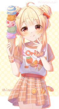 1girl absurdres ahoge alternate_costume blonde_hair brown_skirt double_bun food hair_bun highres hinata_ruzuki hololive hololive_dev_is ice_cream long_hair looking_at_viewer otonose_kanade red_eyes shirt skirt smile solo tongue tongue_out virtual_youtuber white_background white_shirt