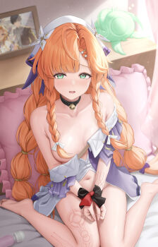 1girl absurdres arayuki_(sakurafubuki) barefoot blush bound bound_wrists braid braided_sidelocks breasts collarbone commentary_request convenient_hair green_eyes hands_up highres hitachi_magic_wand jacket long_hair looking_at_viewer multiple_braids navel official_art_inset on_bed open_mouth orange_hair paid_reward_available partial_commentary pillow pointy_ears purple_jacket sex_toy sidelocks sigrika_(wuthering_waves) sitting small_breasts solo stomach thighs variant_set veil vibrator wariza white_veil wuthering_waves