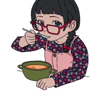 1girl black_hair blue_eyes blunt_bangs braid floral_print glasses gosari_draw highres holding japanese_clothes kimono long_sleeves looking_at_viewer original red-framed_eyewear solo spoon twin_braids upper_body white_background