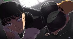 1boy 1girl animated ass ass_shake bent_over black_hair black_skirt chainsaw_man d-art denji_(chainsaw_man) expressionless fourth_east_high_school_uniform grey_eyes hetero highres huge_ass jiggle long_hair long_skirt long_sleeves looking_at_viewer merurava mitaka_asa moaning orange_hair saliva school_uniform shoes short_hair skirt socks sound tagme tongue tongue_out video white_socks wide_hips