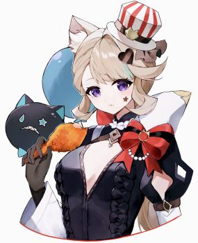 1girl animal_ear_fluff animal_ears balloon black_dress blonde_hair bow breasts brown_gloves cat_ears cat_girl cat_hat_ornament cat_ornament chicken_(food) chicken_leg closed_mouth dress eating facial_mark food food_on_face frills gem genshin_impact gloves green_hair hair_bow hair_ornament hand_up hat hat_ornament heart heart_hair_ornament highres holding holding_food jewelry juliet_sleeves long_hair long_sleeves looking_at_viewer low_ponytail lynette_(genshin_impact) lynette_(kfc)_(genshin_impact) mandarin_collar medium_breasts mini_hat multicolored_hair necklace nirako_mona pearl_(gemstone) ponytail puffy_sleeves purple_eyes red_bow sidelocks simple_background solo star_(symbol) star_facial_mark streaked_hair striped_bow striped_hat upper_body white_background white_bow white_hat wide_sleeves