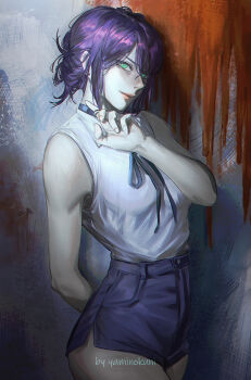 1girl arm_behind_back bare_shoulders blood blood_stain chainsaw_man choker commentary cowboy_shot english_commentary green_eyes highres looking_at_viewer pulling purple_hair reze_(chainsaw_man) shirt shirt_tucked_in short_hair short_shorts shorts sideways_glance sleeveless sleeveless_shirt solo standing yaminokuni