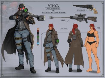 Rule 34 | abs, absurdres, ammunition belt, anti-materiel rifle, black boots, black tank top, blue eyes, boots, border, bulletproof vest, character name, clenched hands, coat, commentary, courier (fallout: new vegas), denim, duster, duster coat, english commentary, eyepatch, fallout, fallout: new vegas, gun, handgun, highres, holster, jeans, long hair, muscular, muscular female, ncr veteran ranger, neonlaboratory, new california republic, pants, pip boy, red hair, reference sheet, revolver, rifle, scar, scar across eye, scar on face, scope, single vambrace, smile, sniper rifle, tank top, thigh holster, vambraces, weapon