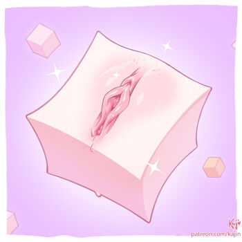 artist_name border commentary cube english_commentary female_pubic_hair kajin_(kajinman) panty_&amp;_stocking_with_garterbelt panty_(psg) pink_background pubic_hair pubic_stubble pussy pussy_focus pussy_juice sparkle uncensored watermark web_address what white_border