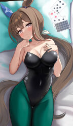 Rule 34 | 1girl, admire vega (umamusume), animal ears, bare shoulders, bed, black leotard, brown hair, card, covered navel, cowboy shot, ear covers, five of hearts, from above, fuyumisakura, green pantyhose, hand on own chest, highres, horse ears, horse girl, horse tail, leotard, long hair, looking at viewer, low ponytail, lying, nontraditional playboy bunny, pantyhose, playing card, purple eyes, seven of clubs, single ear cover, six of spades, solo, strapless, strapless leotard, tail, thigh gap, umamusume