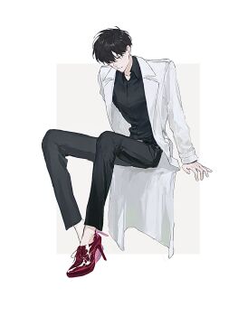 1boy black_hair black_shirt closed_eyes coat collared_shirt full_body glass_heels head_tilt high_heels highres invisible_chair kim_dokja male_focus omniscient_reader&#039;s_viewpoint open_clothes open_coat popped_collar shirt short_hair sitting solo v_kyyi white_coat