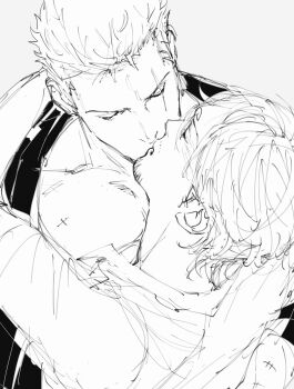 2boys bare_pectorals closed_eyes collared_shirt commentary_request curly_eyebrows facial_hair goatee greyscale highres kiss kzwtr8 male_focus monochrome multiple_boys one_piece pectorals roronoa_zoro sanji_(one_piece) scar scar_across_eye scar_on_face shirt short_hair simple_background sketch upper_body white_background yaoi
