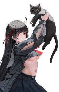 ...? 1girl animal arm_cutout black_hair black_jacket black_skirt breasts chisa_(wuthering_waves) clothing_cutout commentary from_side hair_ribbon highres holding holding_animal jacket long_hair looking_at_viewer looking_to_the_side medium_breasts mole mole_under_eye navel parted_lips red_eyes red_ribbon ribbon simple_background skirt solo stomach tacet_mark_(wuthering_waves) underboob white_background wuthering_waves yuridango