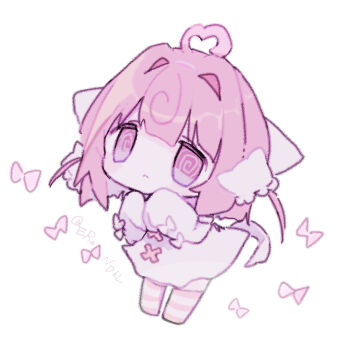 1girl absurdres bow chibi chibi_only closed_mouth erandhl full_body highres indie_utaite indie_virtual_youtuber long_sleeves looking_at_viewer momone_chinoi no_nose pink_eyes pink_hair short_hair skirt solo standing virtual_youtuber white_background