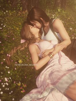 Rule 34 | 2girls, 3d, aerith gainsborough, black hair, blender (medium), bracelet, braid, braided ponytail, brown hair, crop top, dress, final fantasy, final fantasy vii, final fantasy vii remake, grass, highres, jewelry, kiss, multiple girls, pink dress, ria (baka-neearts), sleeveless, sleeveless dress, suspenders, tank top, tifa lockhart, white tank top, yuri