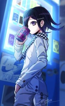 Rule 34 | 1boy, arm belt, black hair, blue theme, brand name imitation, can, checkered clothes, checkered scarf, cowboy shot, danganronpa (series), danganronpa v3: killing harmony, drink can, drinking, fanta, flipped hair, from behind, hair between eyes, hand in pocket, highres, holding, holding can, kujira pyon ka, long sleeves, looking at viewer, looking back, male focus, medium hair, monokuma, night, oma kokichi, pants, purple eyes, purple hair, ringed eyes, scarf, short hair, signature, solo, standing, twitter username, two-tone scarf, vending machine