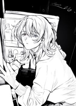 1girl absurdres bang_dream! bang_dream!_it's_mygo!!!!! blue_eyes chinese_commentary closed_mouth commentary_request dated drink_carton greyscale hair_between_eyes hero45439083942 heterochromia highres holding holding_drink_carton long_sleeves looking_at_viewer medium_hair monochrome original red_eyes refrigerator sleepy solo spot_color takamatsu_shizuku