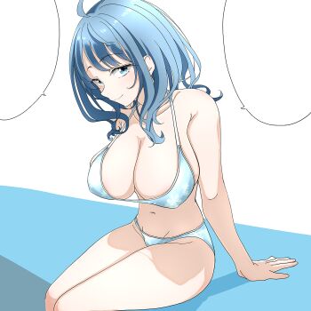 1girl arm_support bikini blue_bikini blue_eyes blue_hair breasts cleavage covered_erect_nipples half-closed_eyes highres large_breasts legs looking_at_viewer make_heroine_ga_oo_sugiru! medium_hair navel seductive_gaze seductive_smile sideboob sitting smile solo swimsuit thighs yanami_anna