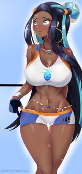 1girl black_hair blue_eyes blue_hair blush breasts crop_top dark-skinned_female dark_skin dufreyjupiter earrings jewelry large_breasts lips long_hair midriff necklace nessa_(pokemon) nintendo pokemon pokemon_swsh shorts sleeveless sweat swimsuit