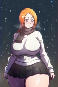 1girl artist_name bleach breasts brown_eyes christmas curvy female_focus g-moreartworks highres inoue_orihime large_breasts light_blush long_hair orange_hair parted_lips scarf shiny_skin skirt snow snowing solo solo_focus standing sweater thick_thighs thighs wide_hips