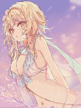 1girl absurdres bare_shoulders bikini blonde_hair breasts feather_hair_ornament feathers flower genshin_impact hair_flower hair_ornament highres looking_at_viewer lumine_(genshin_impact) medium_breasts navel scarf short_hair_with_long_locks solo stomach swimsuit wading wata_(watashi_j) water white_bikini yellow_eyes