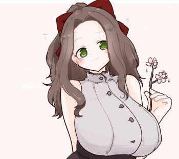Rule 34 | 1girl, bare shoulders, blush, bow, breasts, brown hair, closed mouth, commentary, flower, forehead, green eyes, grey shirt, hair bow, highres, holding, holding flower, huge breasts, long hair, looking at viewer, mitsuha-chan (olto rondo), olto rondo, original, pink flower, red bow, shirt, simple background, sleeveless, sleeveless shirt, sleeveless turtleneck, smile, solo, tareme, turtleneck, turtleneck shirt, untranslatable commentary, upper body