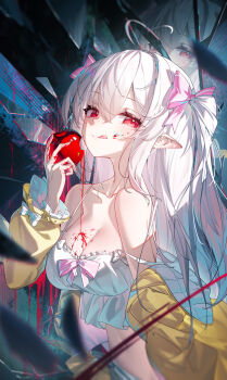 1girl a_simple_life_with_my_unobtrusive_sister absurdres ahoge ambiguous_red_liquid apple bare_shoulders black_background blood blood_drip blood_on_face blood_on_hands blurry bow breasts broken_glass camisole chinese_commentary cleavage closed_mouth collarbone commentary_request crop_top depth_of_field food frilled_camisole frills fruit glass glass_shards hair_between_eyes hair_ribbon hand_up heart heart_ahoge highres holding holding_food holding_fruit jacket large_breasts licking_lips long_hair long_sleeves looking_at_viewer midriff navel off_shoulder pink_ribbon pointy_ears qys3 red_eyes reflection ribbon shorts sleeve_bow smile solo spaghetti_strap strap_slip tongue tongue_out two-sided_fabric two-sided_jacket two_side_up very_long_hair white_bow white_camisole white_hair white_shorts yellow_jacket