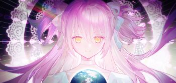 1girl bow choker chuanchuan dress earth_(planet) hair_bow highres kaname_madoka long_hair looking_at_viewer mahou_shoujo_madoka_magica mahou_shoujo_madoka_magica_(anime) pink_hair planet short_twintails sidelocks solo twintails ultimate_madoka white_bow white_choker white_dress yellow_eyes