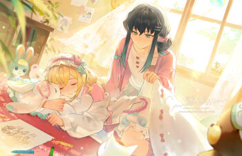 2girls animal_crossing black_hair blanket blonde_hair cardigan closed_eyes closed_mouth crayon curtains dianzhang_xiaoruan frilled_hairband frills hair_between_eyes hair_ornament hairband hairclip long_hair long_sleeves lying multiple_girls nintendo on_side open_cardigan open_clothes original parallel_hairclips pink_cardigan pink_hairband sasha_(animal_crossing) shirt sidelocks sleeping smile white_shirt window