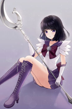 1girl back_bow bishoujo_senshi_sailor_moon black_hair boots bow brooch choker circlet earrings elbow_gloves gloves gradient_background highres jewelry looking_at_viewer outer_senshi pleated_skirt prana_(prana12) purple_background purple_boots purple_eyes purple_sailor_collar purple_theme sailor_collar sailor_saturn sailor_senshi sailor_senshi_uniform short_hair silence_glaive sitting skirt solo star_(symbol) star_brooch star_choker tiara tomoe_hotaru white_background white_gloves