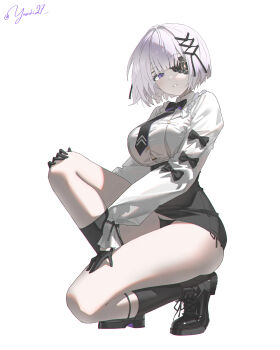 1girl absurdres black_boots black_gloves black_necktie black_panties black_skirt black_socks boots breasts commentary gloves high-waist_skirt highres large_breasts long_sleeves looking_at_viewer medium_hair miniskirt necktie one_eye_covered panties parted_lips punishing:_gray_raven purple_eyes shirt simple_background skirt socks solo squatting thighs twitter_username underwear vanessa_(pgr) white_background white_hair white_shirt yasuki27