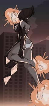 1girl apron ass barefoot black_apron black_gloves bomb_devil_(chainsaw_man) breasts butt_crack chainsaw_man city commentary_request dynamite elbow_gloves explosive gloves large_breasts midair night object_head outdoors panties smoke solo underwear uzte7873 white_panties