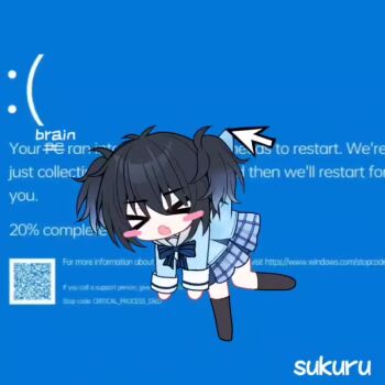 >_< 1girl ahoge animated artist_name blue_ribbon blue_screen_of_death blue_skirt blush chibi clothes_grab cursor double_bun dragging english_text eyebrows_hidden_by_hair fang frown gradient_hair hair_bun happy_sugar_life koube_shio messy_hair microsoft_windows multicolored_hair neck_ribbon open_mouth plaid_clothes plaid_skirt qr_code ribbon school_uniform short_hair skirt socks sukuru tagme video waving_arms waving_legs windows_10