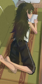 1girl barefoot black_shorts blunt_bangs book collar from_behind future_gadget_lab green_collar green_couch green_eyes green_hair green_trim high_heels highres hiyajou_maho holding holding_book indoors long_hair long_sleeves looking_at_viewer lying menomorute messy_hair on_stomach science_adventure shirt shorts solo steins;gate steins;gate_0 tank_top thick_eyebrows very_long_hair white_tank_top wooden_floor
