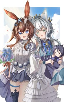 2girls :d absurdres amiya_(arknights) animal_ears arknights bare_shoulders black_skirt black_thighhighs blue_bow blue_bowtie blue_eyes blue_flower bouquet bow bowtie brown_hair character_doll chinese_commentary commentary_request cowboy_shot crown doll flower frilled_skirt frills grey_eyes hair_flower hair_ornament heads_together heart highres holding holding_doll infection_monitor_(arknights) light_blush long_hair looking_at_viewer multiple_girls open_mouth purple_flower rosmontis_(arknights) shirt single_thighhigh skirt smile standing thighhighs white_shirt zerosama_(sailuojiang)