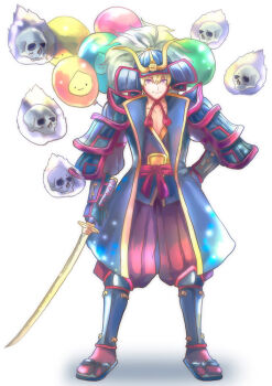 Rule 34 | 1boy, armor, armored boots, baggy pants, balloon, blonde hair, blue coat, boots, closed mouth, coat, commentary request, floating skull, full body, helmet, holding, holding sword, holding weapon, japanese armor, kabuto (helmet), kagerou (ragnarok online), katana, kote, kurokote, looking at viewer, male focus, open clothes, open coat, pants, philippa, poring, ragnarok online, red pants, red socks, short hair, simple background, smile, socks, solo, sword, tabi, weapon, white background
