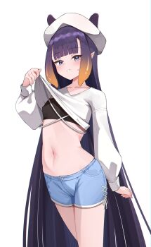 1girl absurdres beret black_tube_top blue_eyes blue_shorts blunt_bangs breasts clothes_lift commentary cropped_shirt english_commentary hat highres hololive hololive_english lifting_own_clothes long_hair navel ninomae_ina&#039;nis orange_hair pointy_ears purple_hair shirt shirt_lift short_shorts shorts simple_background skaarl_(artist) small_breasts solo strapless tentacle_hair tube_top very_long_hair virtual_youtuber white_background white_shirt