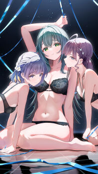 3girls absurdres arm_over_head between_breasts black_bra black_panties blue_eyes blue_ribbon blunt_bangs blush bra braid breasts cleavage collarbone commentary_request crossed_bangs expressionless flower fujinomiya_rio gakuen_idolmaster green_eyes hair_flaps hair_flower hair_intakes hair_ornament hataya_misuzu highres holding holding_ribbon idolmaster kaya_rinha large_breasts light_particles long_hair looking_at_viewer medium_breasts mole mole_on_neck multiple_girls navel panties purple_eyes purple_hair reflection ribbon short_hair sideboob sidelocks sitting small_breasts smile syngup!_(idolmaster) tile_floor tiles tsukimura_temari twintails underwear underwear_only very_long_hair wariza white_flower